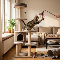 Un gato atigrado salta y juega activamente con una varita de plumas coloridas sobre un gran árbol de rascado para gatos de varios niveles