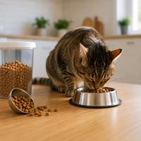 Gato atigrado comiendo pienso seco en un cuenco de acero en la cocina de casa, foto realista de alimentación felina y comida para gatos.