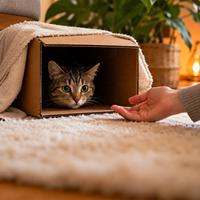 Gato escondido bajo un mueble en su nuevo hogar, utilizando un refugio seguro para adaptarse con calma y reducir el estrés
