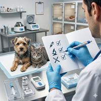 Veterinario realizando chequeo médico, vacunación y desparasitación a perro y gato en protectora de animales para una adopción responsable y segura.