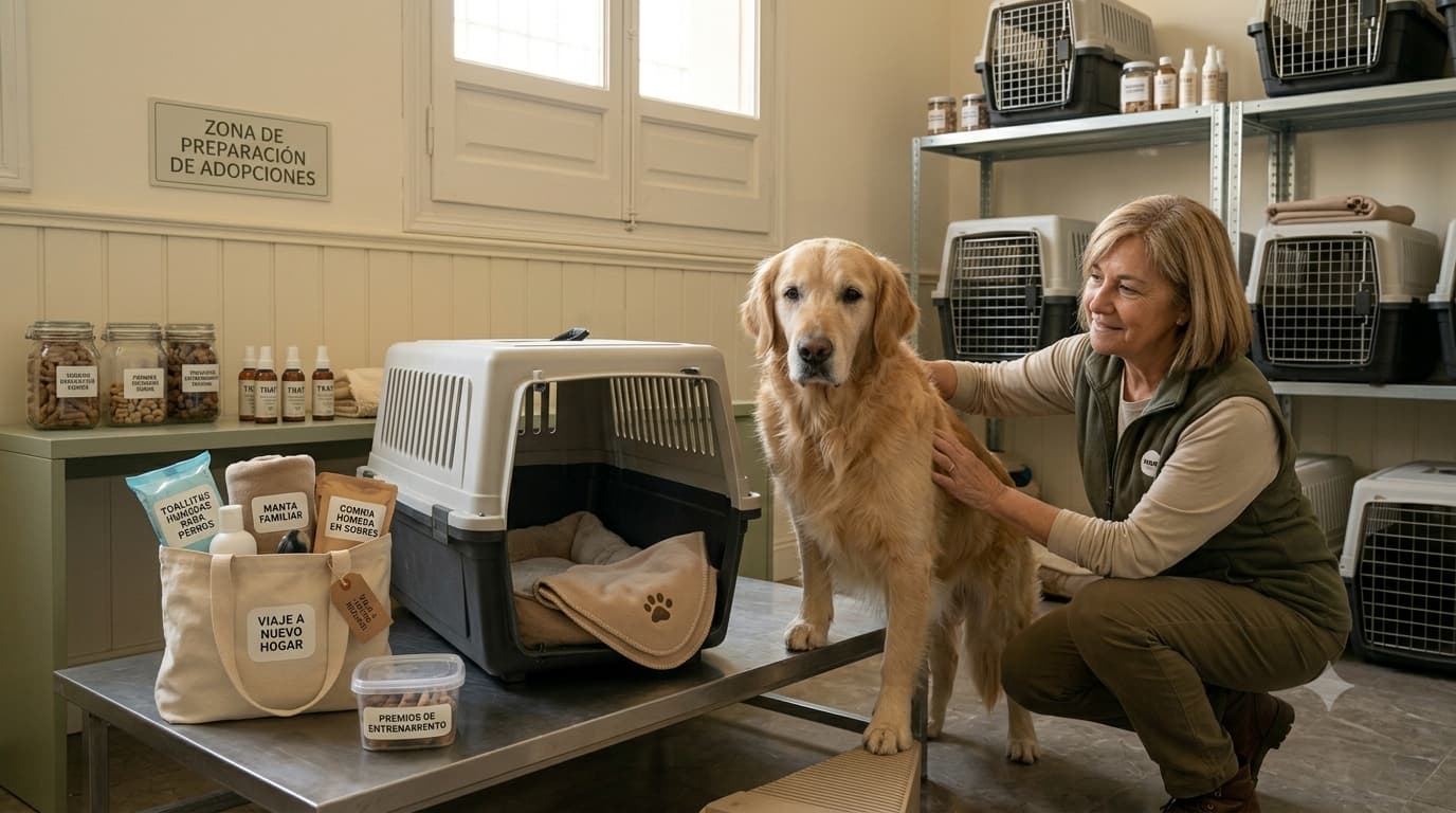 Voluntaria en protectora de animales preparando el transportín y accesorios esenciales para el traslado de un perro Golden Retriever adoptado a su nuevo hogar.