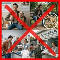 "Infografía tachada con un aspa roja que muestra los errores al adoptar una mascota: elegir por apariencia, ignorar necesidades de ejercicio, no prever gastos veterinarios y no consultar al refugio."