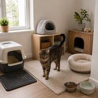 Habitación tranquila para gato recién adoptado con arenero, agua fresca, comida, cama cómoda y refugio seguro, adaptación del gato al nuevo hogar