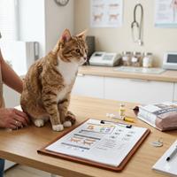 Gato atigrado sentado sobre una mesa de examen en una clínica veterinaria junto a un historial médico con vacunas y dieta, preparado para una consulta profesional.