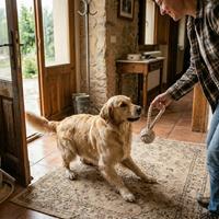 Dueño jugando activamente con su perro Golden Retriever en casa, fortaleciendo el vínculo y la confianza mediante juegos diarios.
