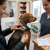 Veterinario escaneando el microchip de identificación de un perro en una clínica para verificar su registro legal y garantizar su seguridad.