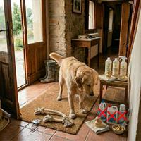 Perro Golden Retriever junto a una selección de productos de limpieza pet-friendly en el taburete y productos químicos prohibidos tachados en el suelo.