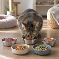 Gato comparando distintos tipos de alimentación felina, incluyendo pienso y comida húmeda, para elegir el mejor alimento según edad, salud, actividad y necesidades nutricionales.