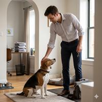 Profesional trabajando en laptop desde casa con un perro adulto calmado a su lado, ilustrando la elección ideal de mascotas para personas con agenda ocupada y poco tiempo para entrenamiento.