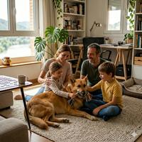 Familia feliz jugando con un perro de temperamento estable en el salón de casa, demostrando la interacción segura y paciente entre niños y mascotas ideales para el hogar.