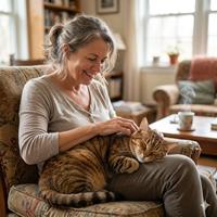 Una mujer mayor sonriente con cabello gris acaricia suavemente a un gato atigrado marrón dormido en su regazo mientras está sentada en un sillón floral en una acogedora sala de estar.