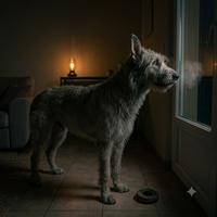Perro recién adoptado mirando por la ventana en la oscuridad, representando el proceso de adaptación nocturna y cómo manejar la ansiedad durante sus primeras noches en casa.