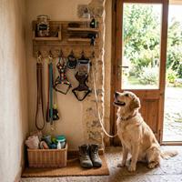 Zona de entrada organizada con correas, arneses y premios para perros colgados en la pared, facilitando la preparación antes del paseo diario.
