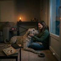 Mujer conectando emocionalmente con su perro adoptado durante la noche, celebrando los pequeños avances y el vínculo de confianza que surge tras la adopción.