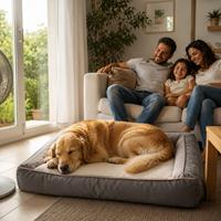 Perro durmiendo relajado junto a su familia en una estancia luminosa y ventilada, espacio ideal para su descanso, confort y bienestar.