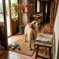 Perro Golden Retriever junto a plantas de interior señaladas con cruces rojas por ser tóxicas y peligrosas para la salud de las mascotas.