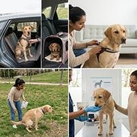 Cuatro consejos prácticos para preparar a tu perro para la primera visita al veterinario: uso seguro de arnés y transportín, mantener la calma, paseos previos y refuerzo positivo con premios durante la consulta.