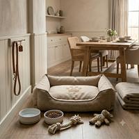 Zona de descanso acogedora para perro adoptado en el comedor, equipada con cama cómoda, cuencos de agua y comida, juguetes y correa lista para su llegada al nuevo hogar.