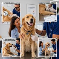 Veterinario realizando examen de salud integral a perro recién adoptado: incluye revisión nutricional, detección de parásitos y vacunación para garantizar bienestar en la primera consulta clínica.