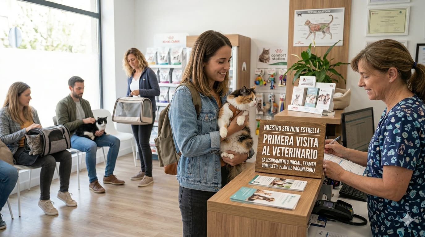 Una mujer joven con una chaqueta de mezclilla y una mochila sonríe mientras sostiene a un gato calicó de pelo largo en una concurrida recepción de una clínica veterinaria, con un cartel en español sobre "Primera visita al veterinario" en el mostrador.