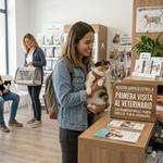 Una mujer joven con una chaqueta de mezclilla y una mochila sonríe mientras sostiene a un gato calicó de pelo largo en una concurrida recepción de una clínica veterinaria, con un cartel en español sobre "Primera visita al veterinario" en el mostrador.