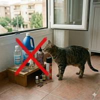 Un gato atigrado doméstico mirando con curiosidad varias botellas de productos químicos domésticos (lejía fuerte, amoniaco, insecticida, aceites esenciales y ambientador de lavanda) sobre una mesa de madera. Una gran cruz roja superpuesta marca los productos químicos agresivos como peligrosos. La imagen está diseñada como una advertencia visual sobre la toxicidad de los productos de limpieza para las mascotas