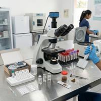 Laboratorio veterinario realizando análisis de sangre, pruebas de leishmaniosis y coprología con microscopio para diagnóstico preciso de enfermedades en perros y gatos.