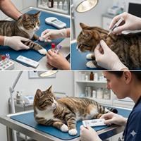 Veterinaria realizando análisis de sangre, tests de leucemia e inmunodeficiencia felina, y colocación de microchip a un gato, como parte de un protocolo de diagnóstico clínico completo.