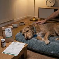 Perro descansando en cama tras visita veterinaria, con medicamentos y lista de instrucciones sobre mesa auxiliar para cuidados post-consulta en casa.