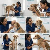 Veterinaria realizando examen físico integral a un perro durante la primera consulta: revisión de peso, ojos, boca, auscultación cardíaca, abdomen y articulaciones para asegurar un estado de salud óptimo.