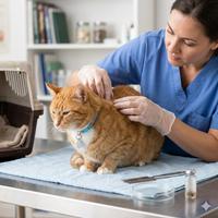 Veterinaria realizando revisión de parásitos a un gato en clínica: examen dermatológico para detectar pulgas y garrapatas en una consulta de salud preventiva para mascotas.