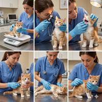 Veterinaria realizando un examen físico completo a un gatito: control de peso, inspección bucal, revisión ocular y auscultación cardíaca para asegurar la salud preventiva de la mascota.
