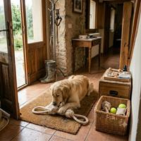 Perro Golden Retriever jugando con una cuerda en casa, como parte de la estrategia de rotación de juguetes para mantener su interés activo.
