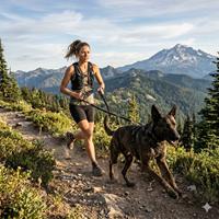 Mujer haciendo trail running con su perro Malinois con arnés por un sendero de montaña técnico y panorámico, con vistas a picos nevados. Ideal para amantes del canicross y senderismo.