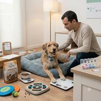 Dueño cuidando la rutina saludable de su perro en casa: control de peso, alimentación equilibrada, estimulación mental con juegos y organización de medicación.