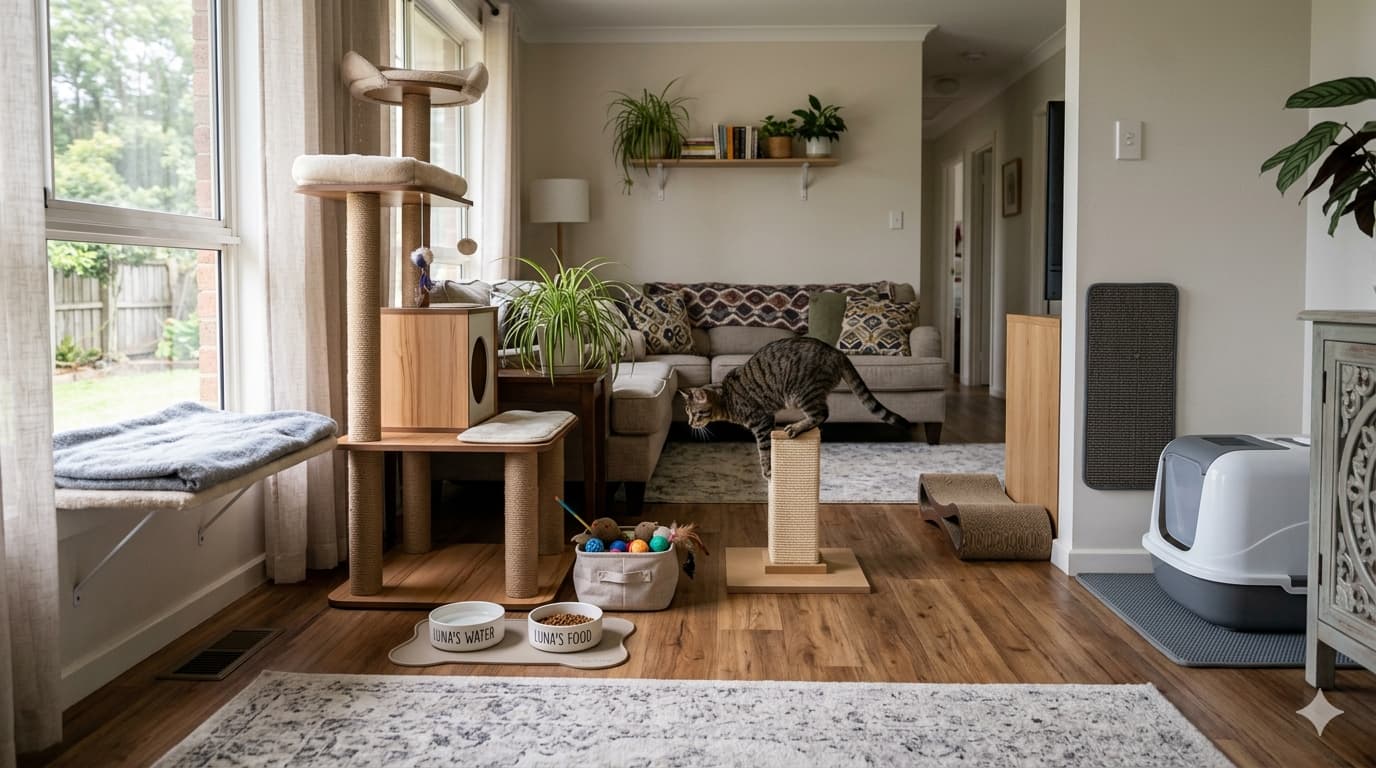 Sala de estar moderna con árbol rascador grande de madera, gato atigrado jugando en un cubo rascador y estación de alimentación con cuencos de "agua de Luna" y "comida de Luna"