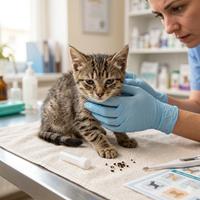 Veterinaria con guantes examinando a un gatito rescatado en una consulta, destacando la importancia del chequeo médico para prevenir infecciones y parásitos comunes.