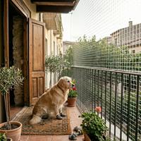 Perro Golden Retriever sentado en un balcón seguro, protegido con una red de malla resistente para prevenir caídas accidentales y garantizar su bienestar en un piso.