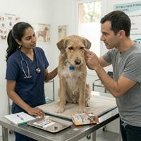 Dueño consultando con la veterinaria sobre secreciones oculares de su perro, analizando posibles síntomas de alerta y enfermedades comunes en la consulta.