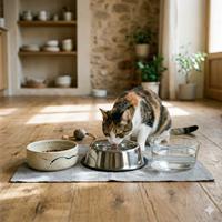 Un gato calicó tricolor bebe de un tazón de agua de acero inoxidable, flanqueado por tazones de cerámica para comida y agua en una cocina rústica, ilustrando las mejores prácticas de alimentación y bienestar felino.
