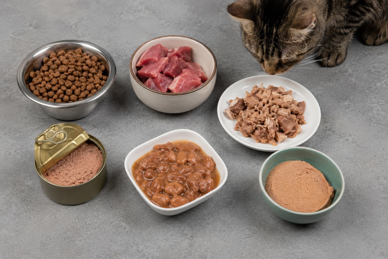Tipos de alimentos para gatos con pienso seco, comida húmeda, paté y dieta natural, comparativa de nutrición felina saludable y alimentación equilibrada para gatos domésticos.