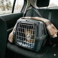 Gato nervioso dentro de un transportín de plástico con reja en el asiento trasero del coche, cubierto con una manta para reducir su estrés durante el viaje al veterinario.