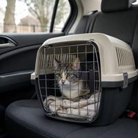 Gato recién adoptado en transportín seguro dentro de un coche durante el traslado a su nuevo hogar