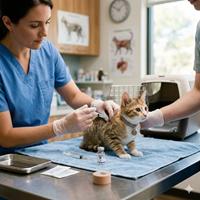 Veterinaria vacunando a un gatito atigrado en una clínica profesional. Se muestra el momento de la inyección para el cuidado y salud felina preventivos.