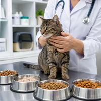 Veterinario revisando gato doméstico junto a comida para gatos premium, nutrición felina, alimentación saludable, cuidados veterinarios y salud de mascotas.