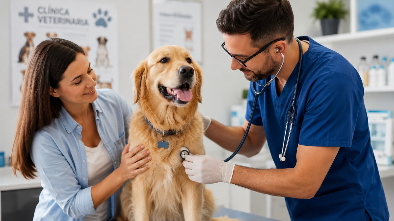 Veterinario profesional realizando examen médico con estetoscopio a un perro golden retriever feliz en una clínica veterinaria moderna, con una clienta acompañando a su mascota durante la consulta de salud.