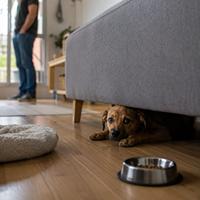 Cachorro recién adoptado escondido bajo un sofá durante sus primeros días en casa, comportamiento normal de adaptación canina, perro con miedo observando su nuevo hogar mientras gana confianza y seguridad.