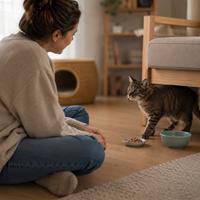 Gato adoptado acercándose con confianza a su nueva familia durante el proceso de adaptación, convivencia positiva en casa, consejos para ganar la confianza de un gato rescatado y reducir el estrés en los primeros días.
