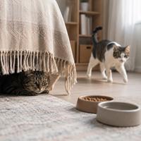 Gato adoptado escondido mientras observa su nuevo hogar y otro gato explora la casa. Comportamiento felino normal durante la adaptación, confianza progresiva y primeros días tras la adopción.
