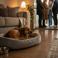 Perro recién adoptado descansando en casa mientras evita visitas durante el primer día, una medida clave para reducir el estrés y favorecer una adaptación tranquila al nuevo hogar.